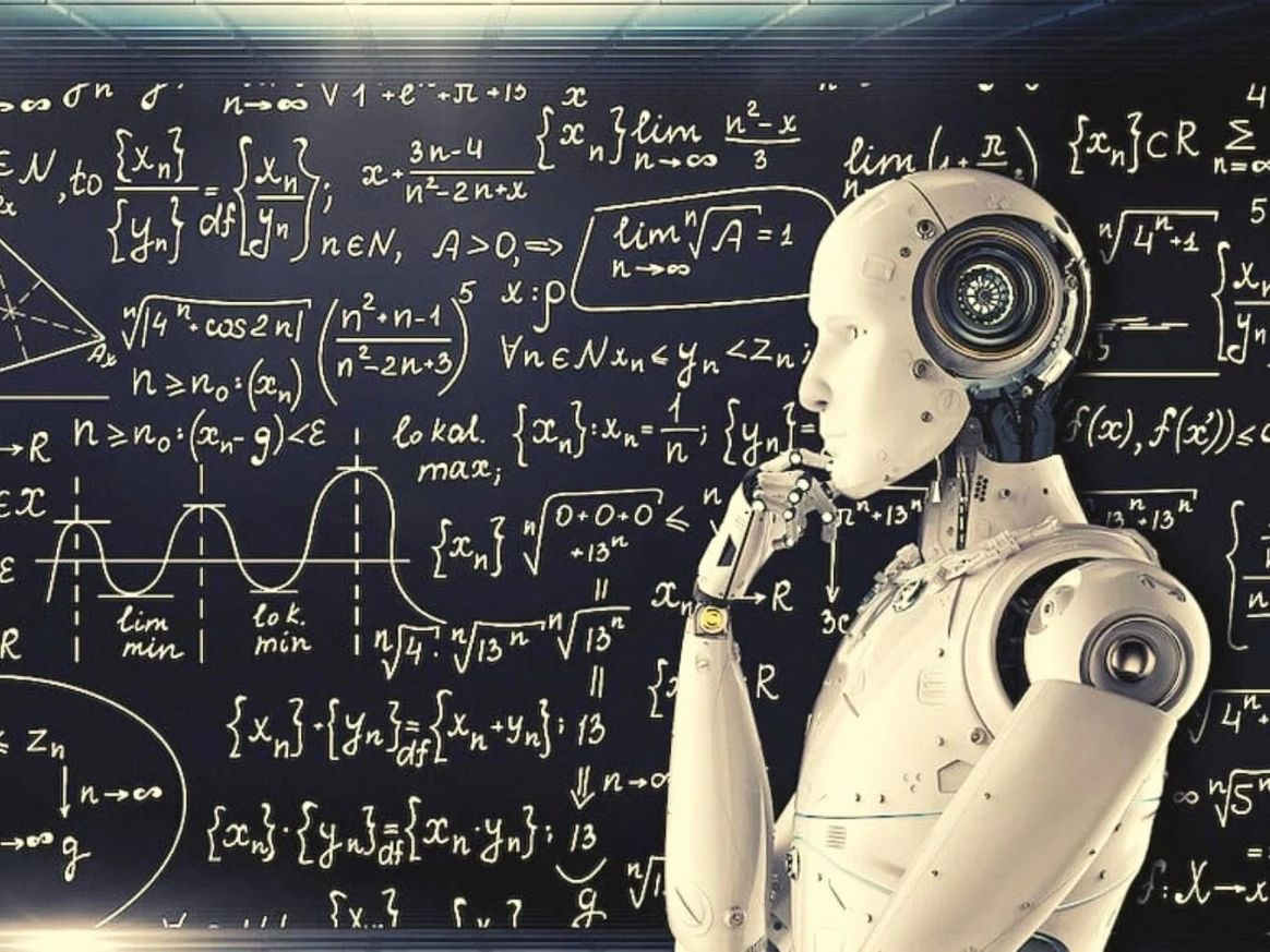 A humanoid robot pondering in front of a chalkboard covered in mathematical formulas