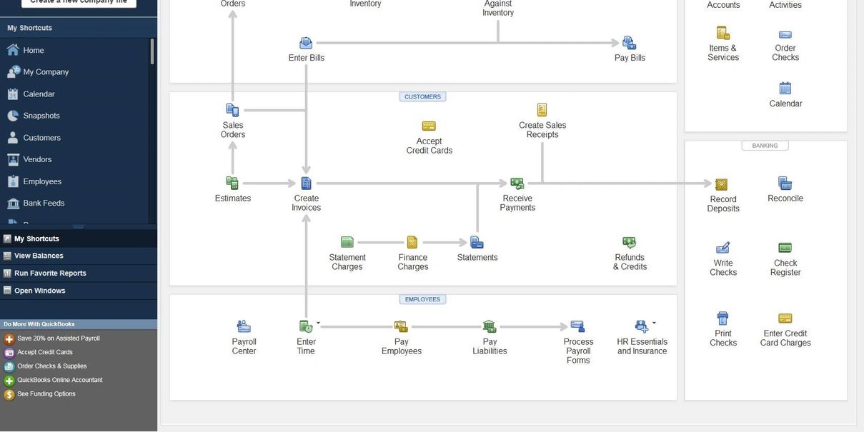 The QuickBooks Desktop home screen showing the vendor, customer, employee, and banking workflow